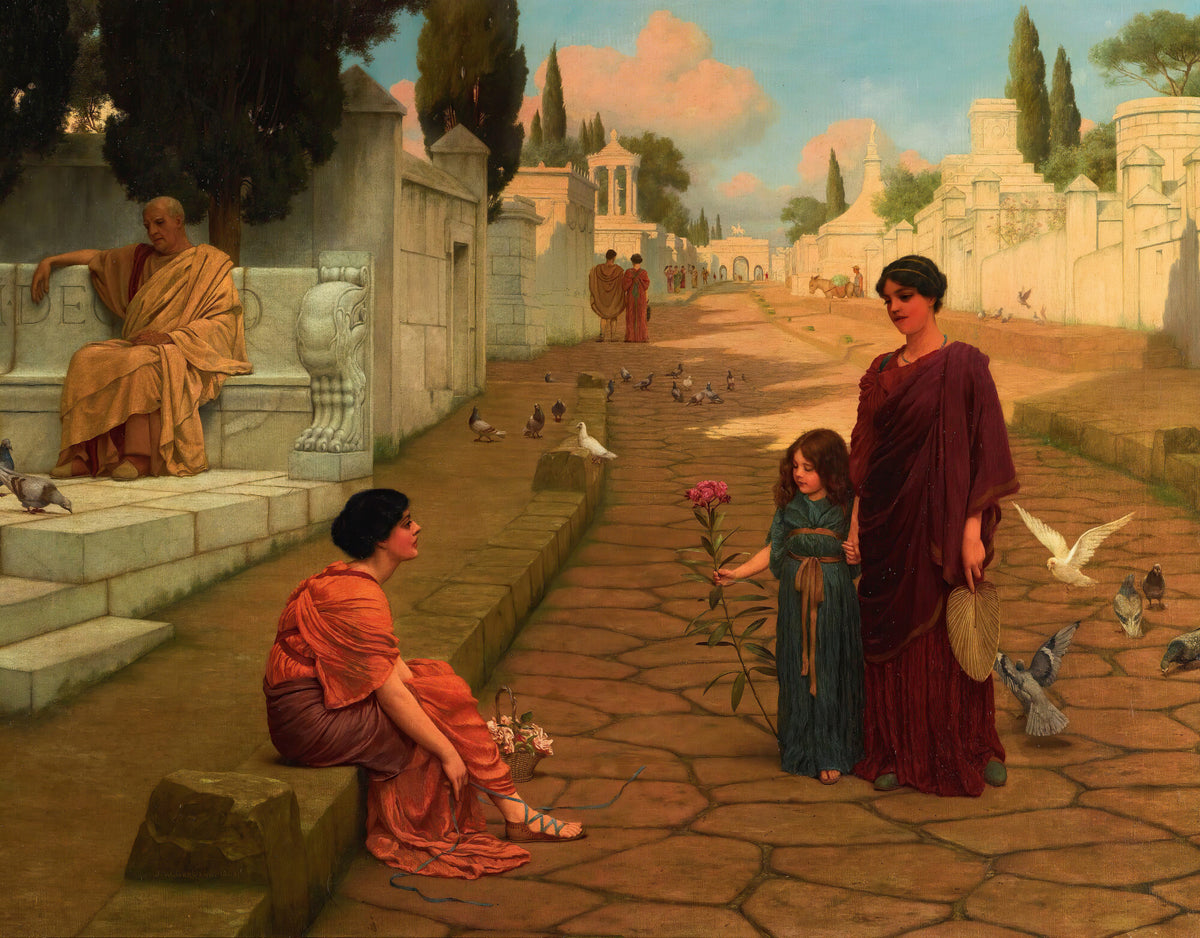 Outside the Gate of Pompeii by John William Godward — Women, a girl and pigeons on a sunlit Roman road lined with tombs