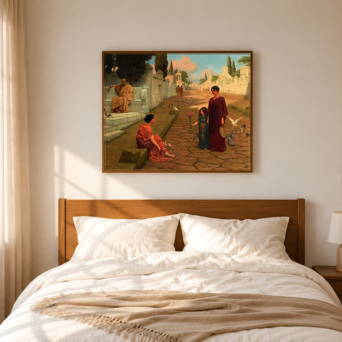 Framed art print of Outside the Gate of Pompeii by John William Godward, in a slim wood frame above a bed in a sunlit bedroom