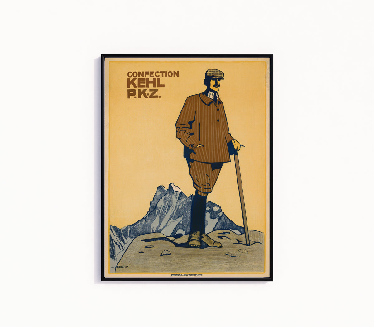 Framed art print of P.K.Z. Confection Kehl by Emil Cardinaux, in a slim black frame on a plain white wall