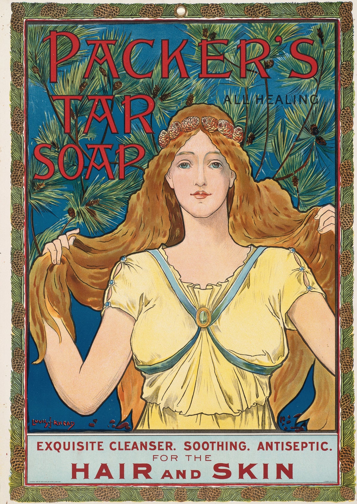 Packer's Tar Soap by Louis Rhead — A woman lifts her long copper hair before blue pine boughs