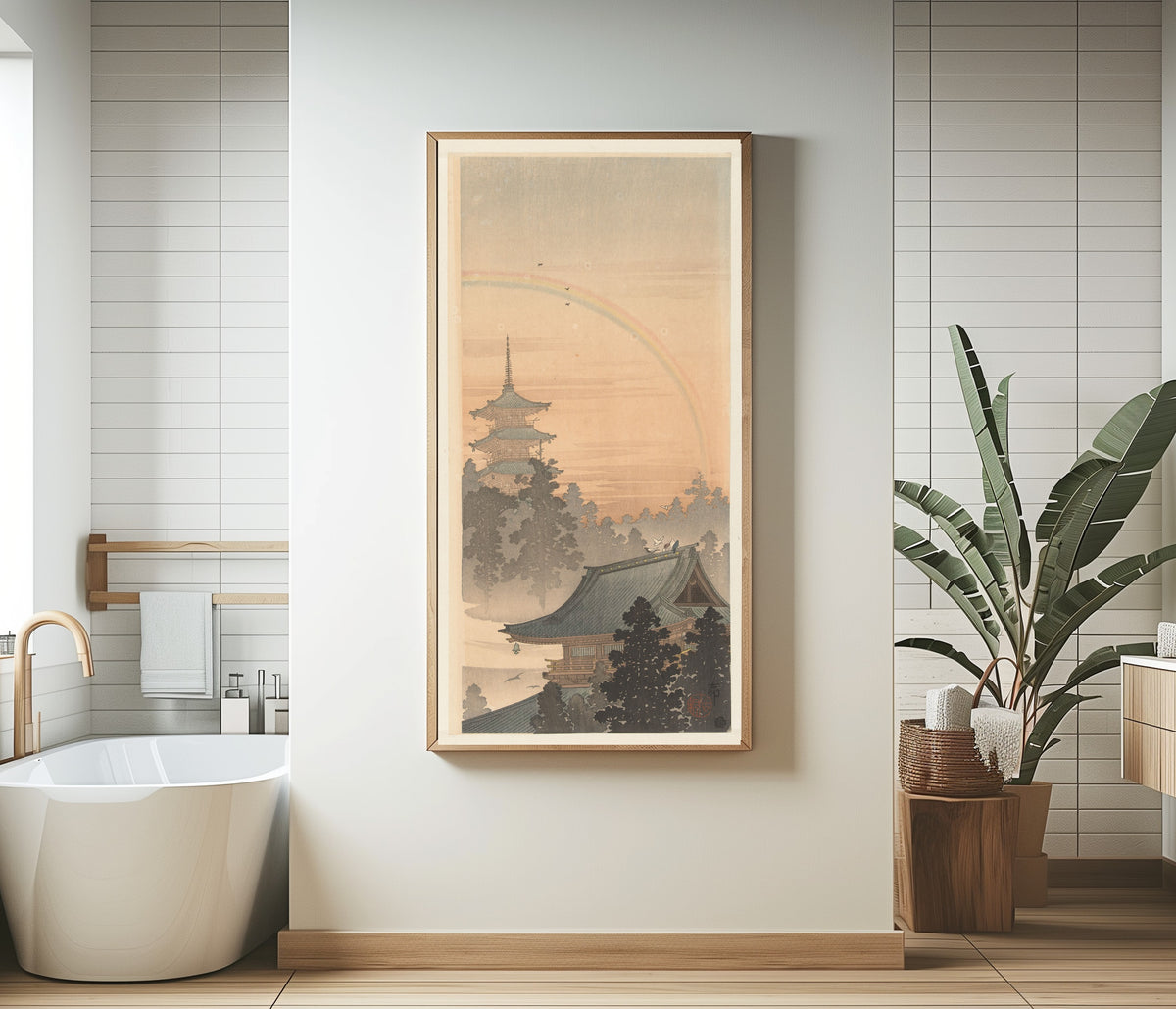 Ohara Koson — Pagoda and Rainbow | Japanese Woodblock Print (Shin Hanga)