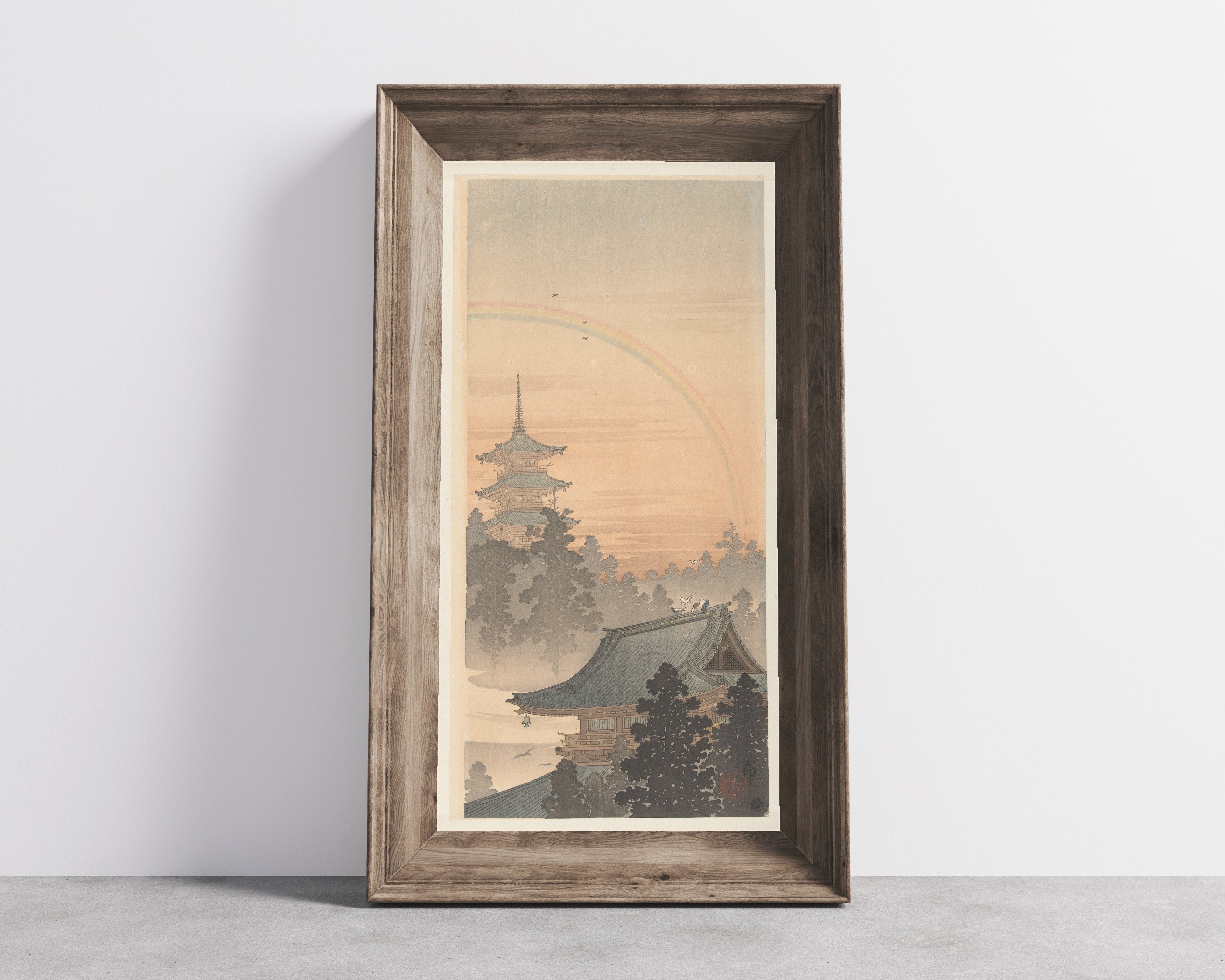 Ohara Koson — Pagoda and Rainbow | Japanese Woodblock Print (Shin Hanga)