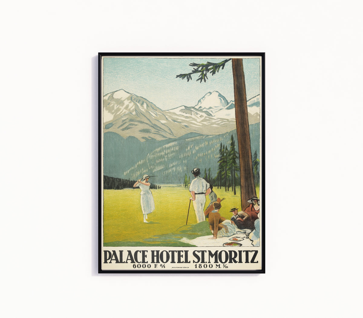 Framed art print of Palace Hotel St. Moritz by Emil Cardinaux, in a slim black frame on a plain white wall