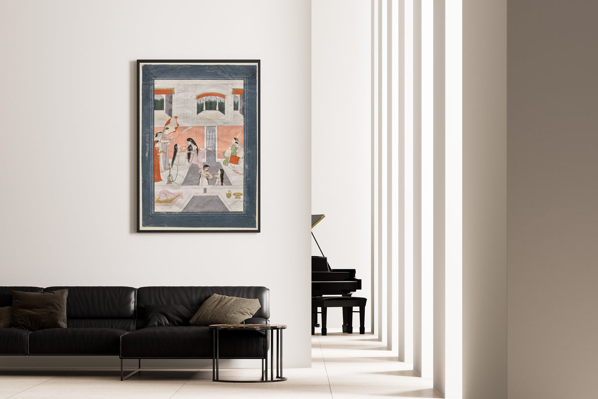 Framed art print of Palace Women Enjoy Music by the Side of a Cascade by Pahari school, on the wall of a minimal living room