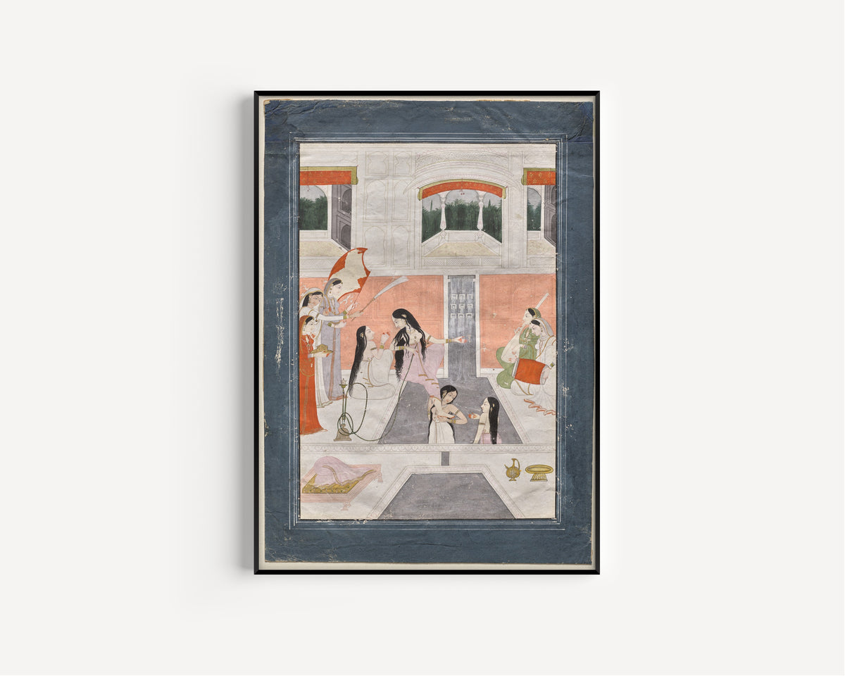 Framed art print of Palace Women Enjoy Music by the Side of a Cascade by Pahari school, in a slim black frame on a plain white wall