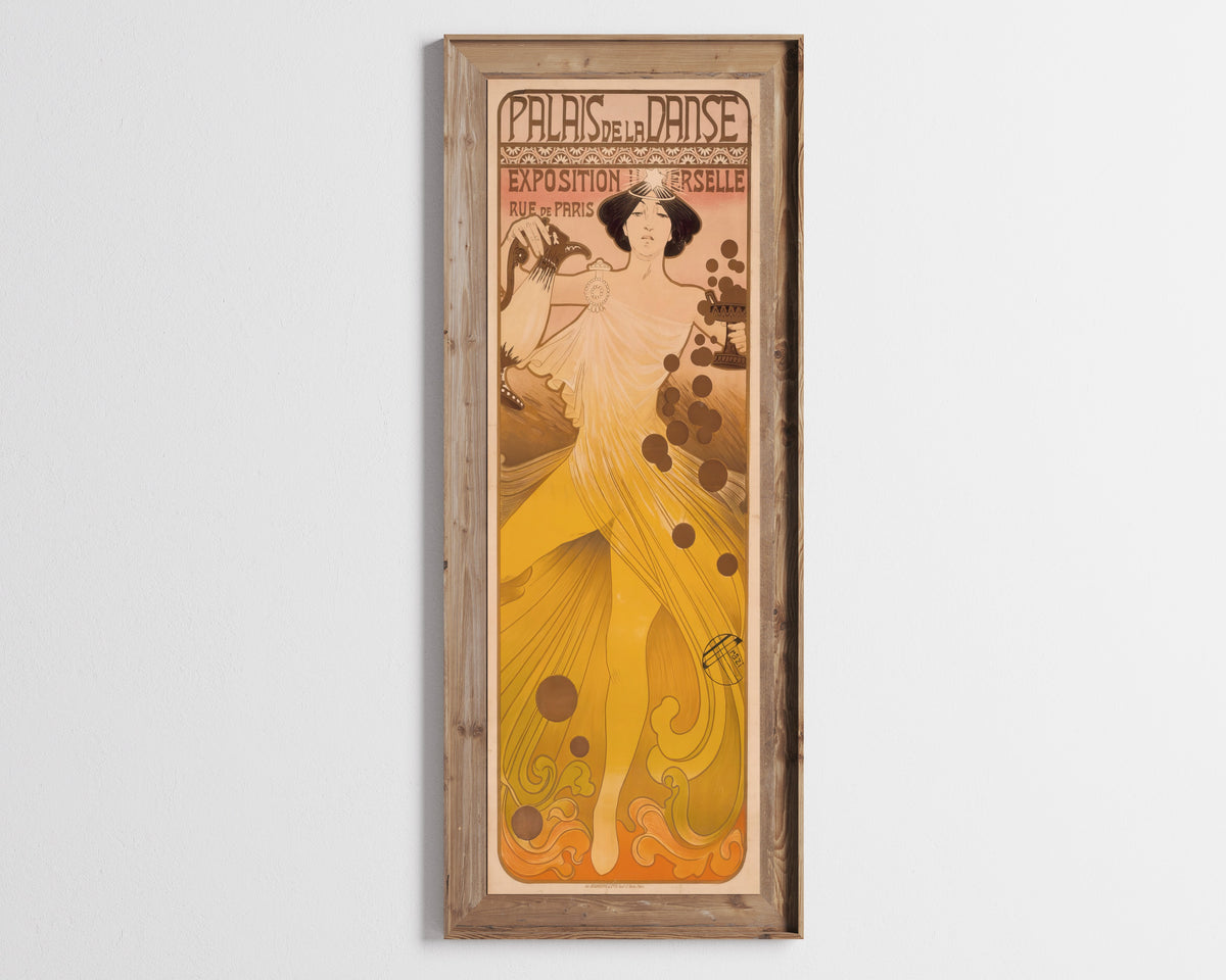 Framed art print of Palais de la Danse, Exposition Universelle by Manuel Orazi, in a tall wooden frame on a pale wall