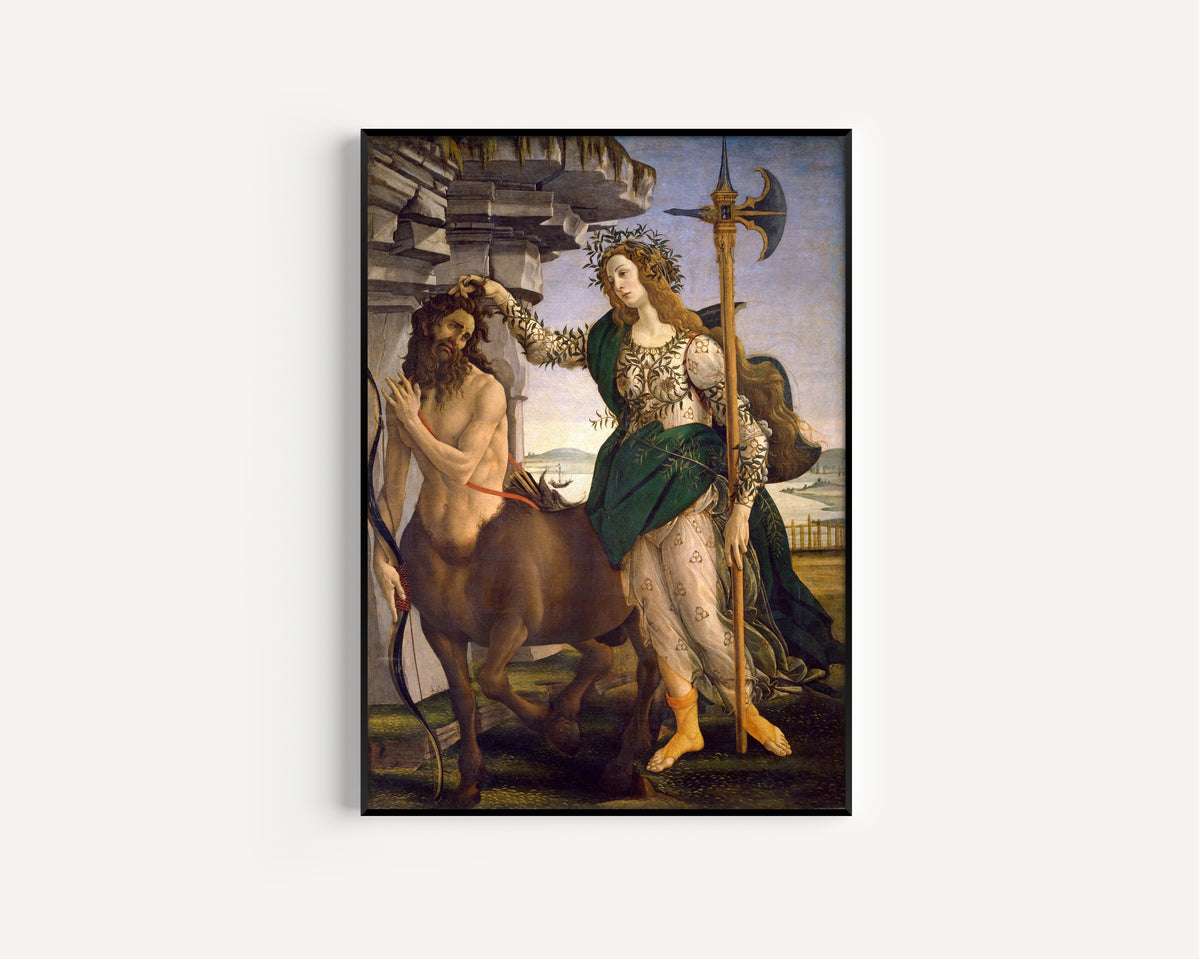 Framed art print of Pallas and the Centaur by Sandro Botticelli, in a slim black frame on a plain white wall
