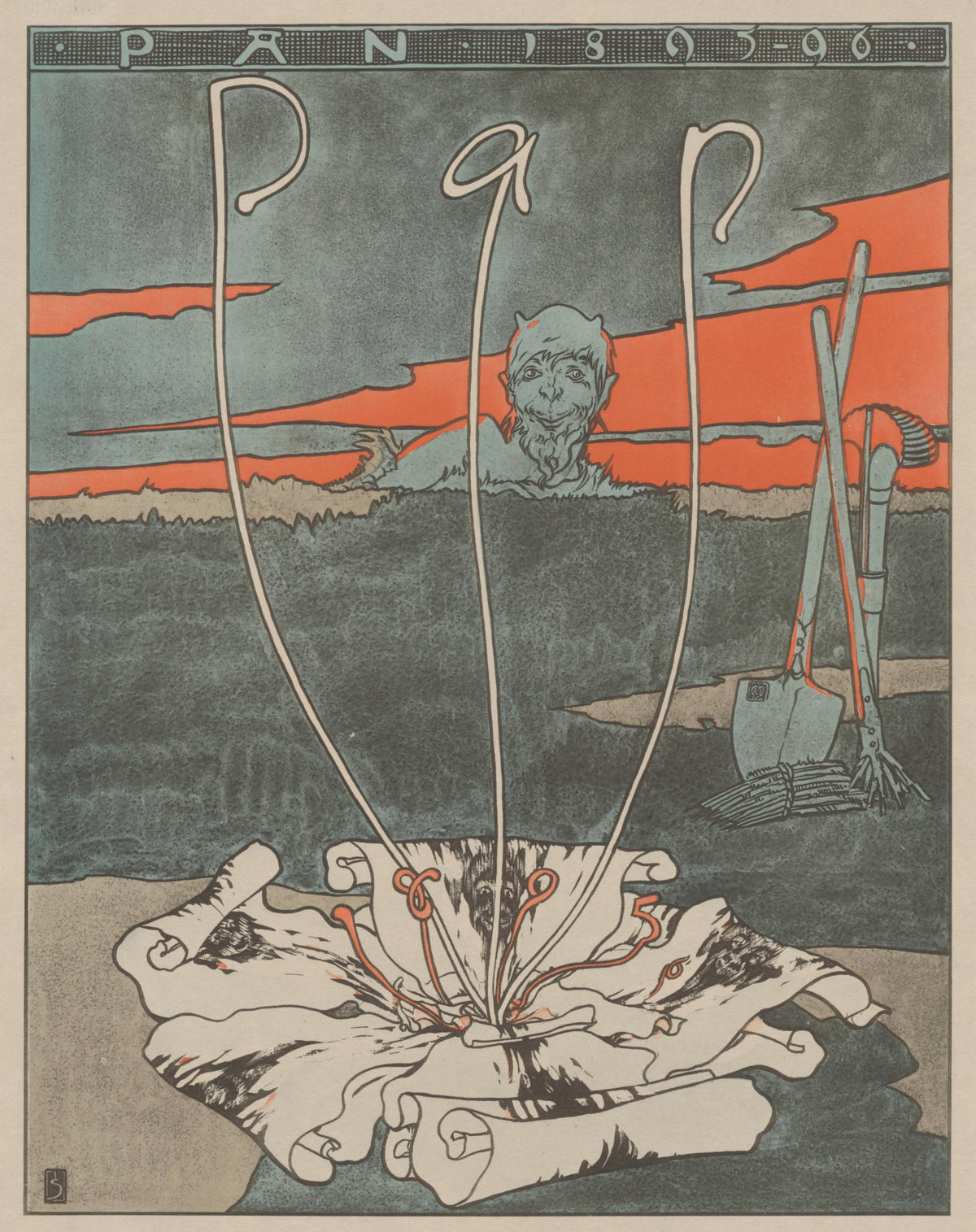 Pan by Joseph Sattler — A grinning satyr behind a ridge above looping white letters