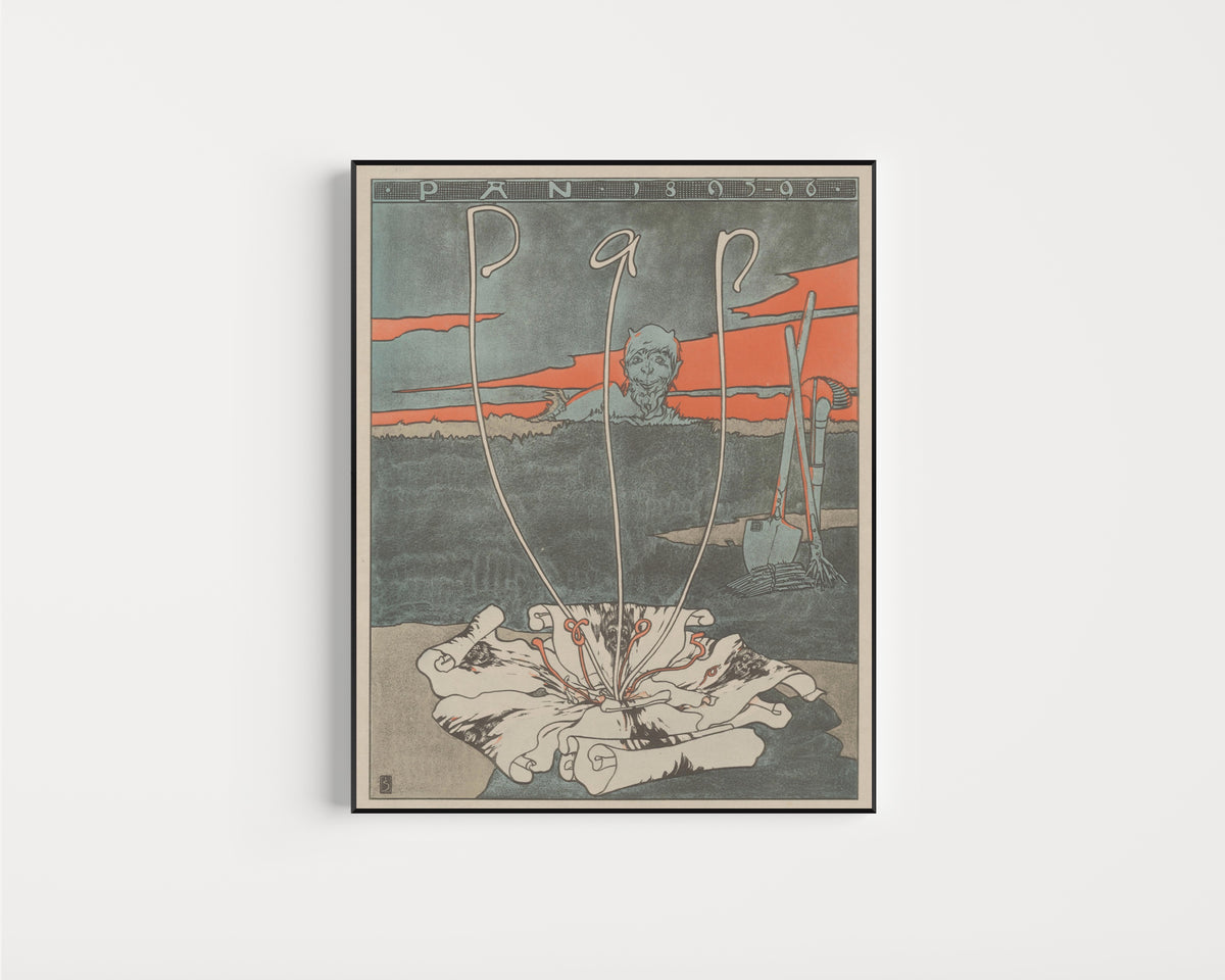 Framed art print of Pan by Joseph Sattler, in a slim black frame on a plain white wall