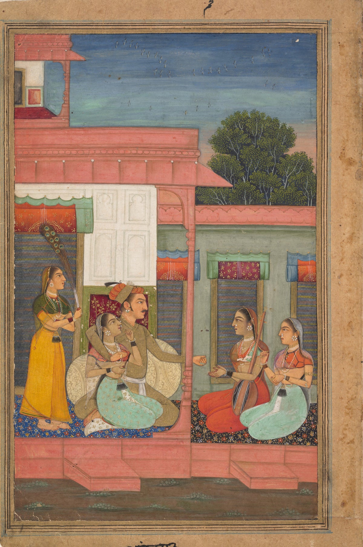 Panchama Ragini: Page from a Ragamala Series by Bikaner school — A couple on a pink terrace, musicians seated opposite