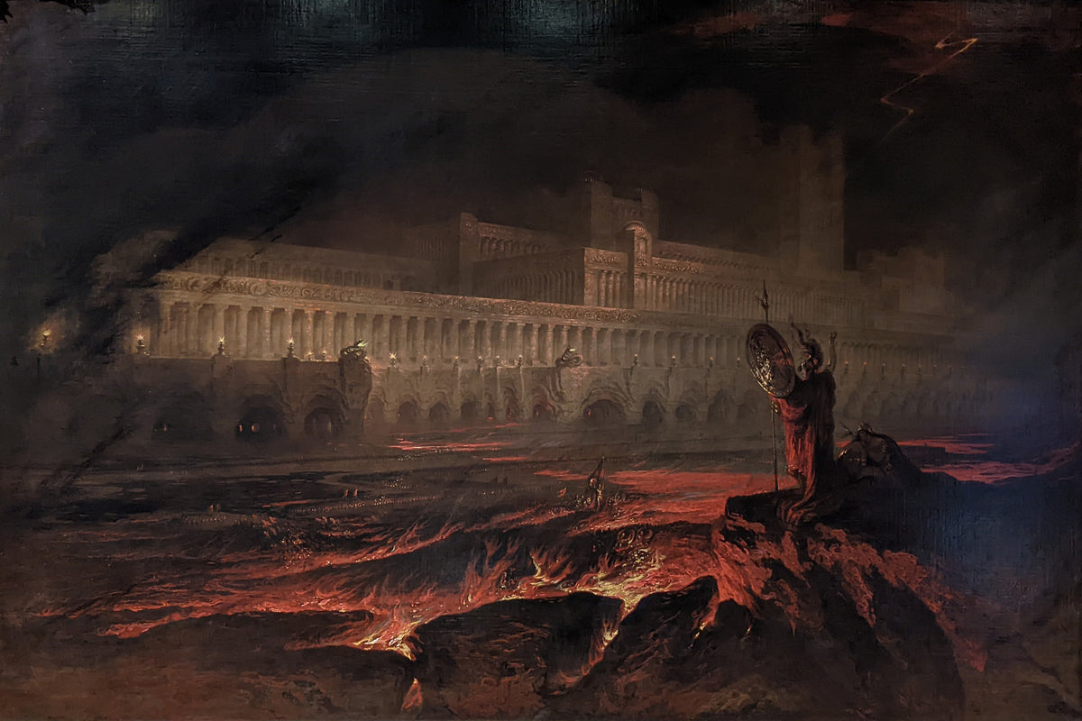 Pandemonium by John Martin — Satan with spear and shield hails a vast palace across a lake of fire