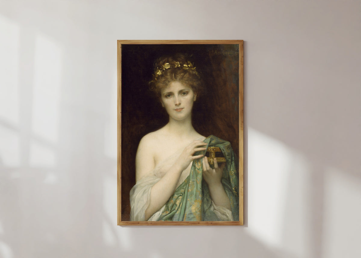 Framed art print of Pandora by Alexandre Cabanel, in a light wood frame on a sunlit white wall