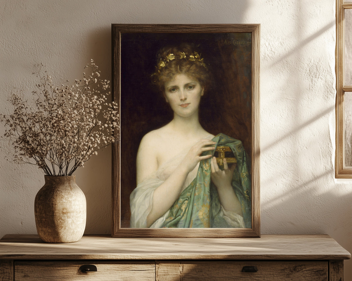 Framed art print of Pandora by Alexandre Cabanel, in a dark wood frame leaning on a rustic console beside dried flowers