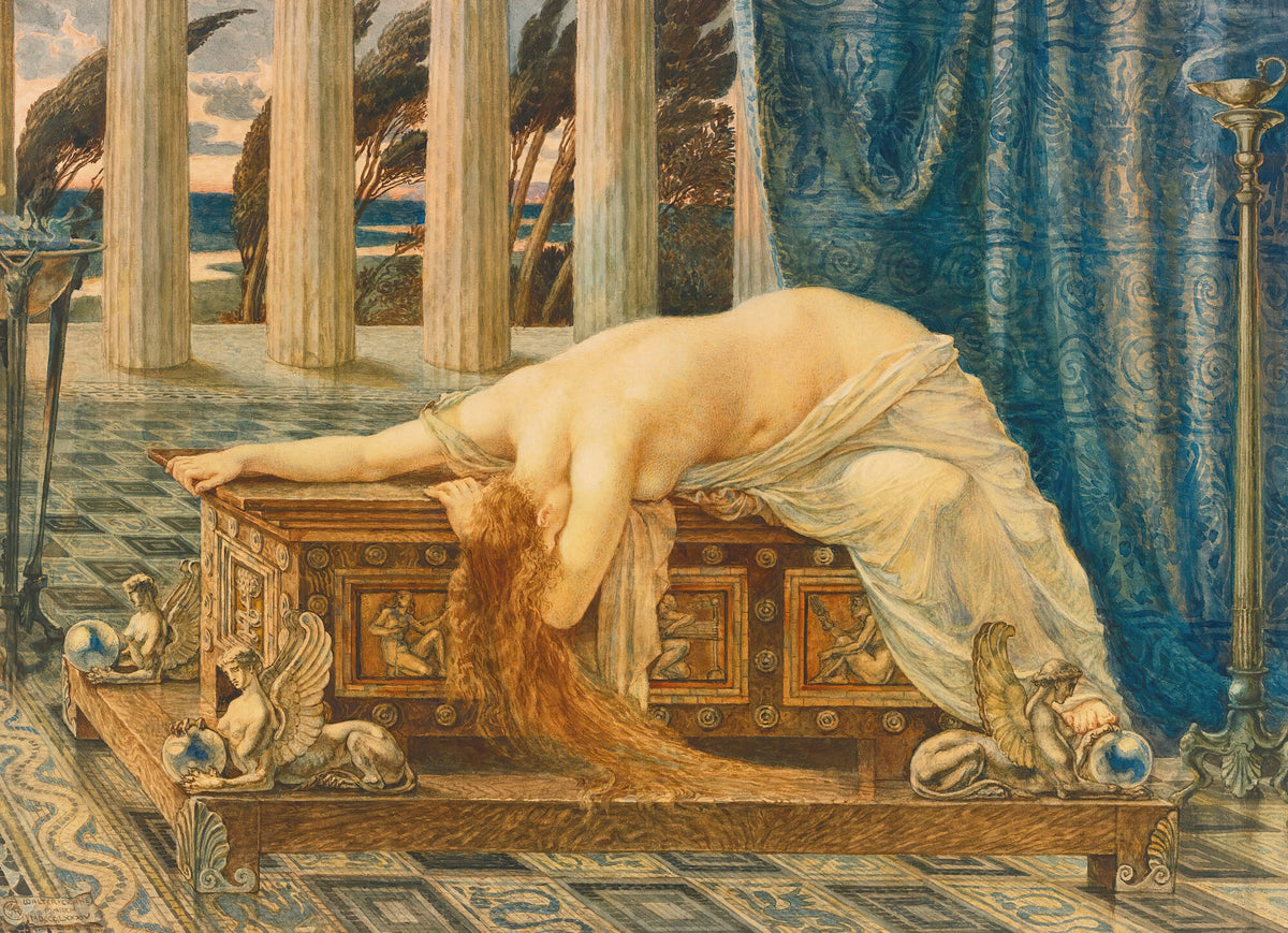 Pandora by Walter Crane — A woman with long auburn hair slumps over a carved chest