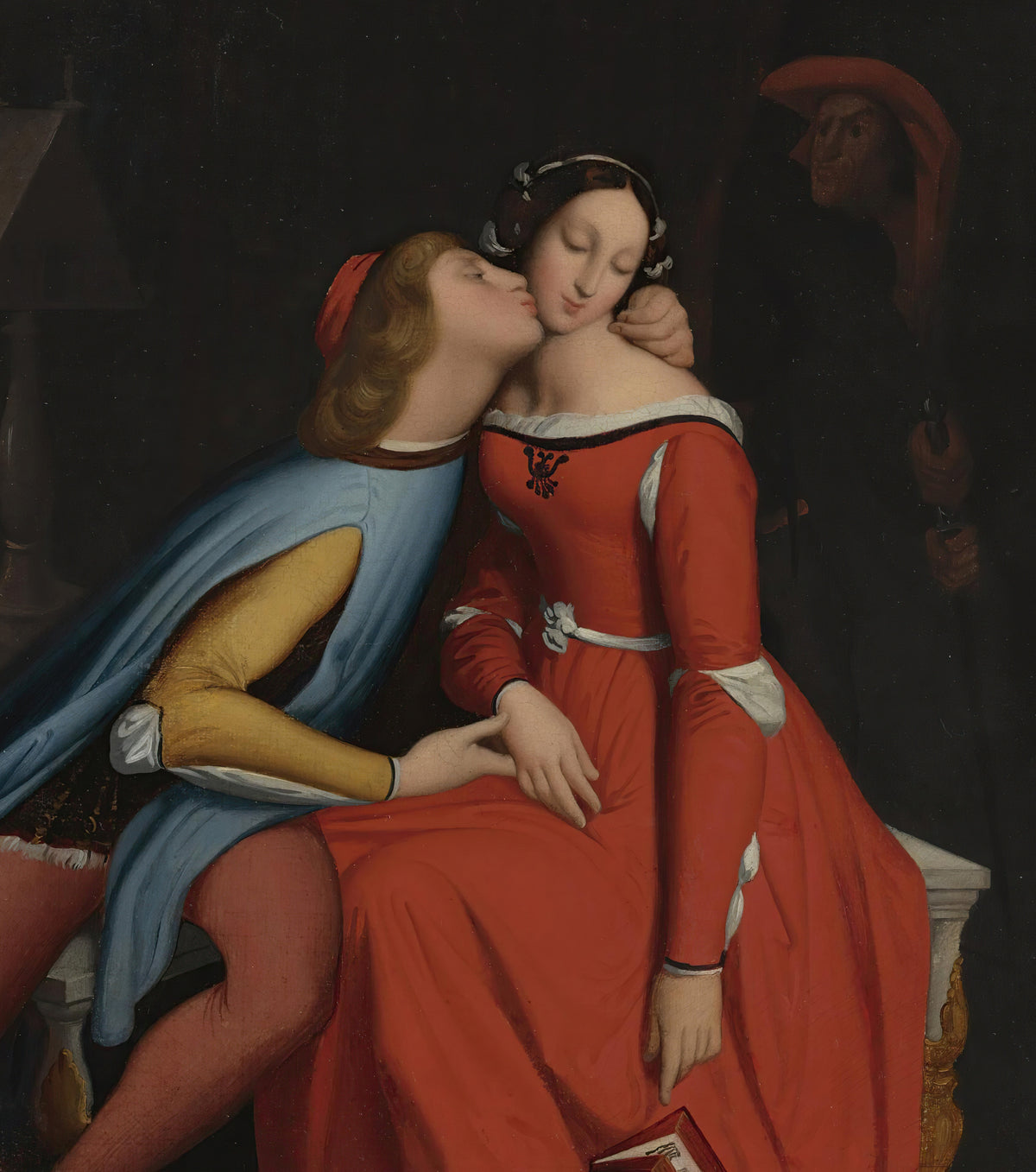 Paolo and Francesca by Jean-Auguste-Dominique Ingres — Two lovers kiss in a dark room as a man in a red hat watches
