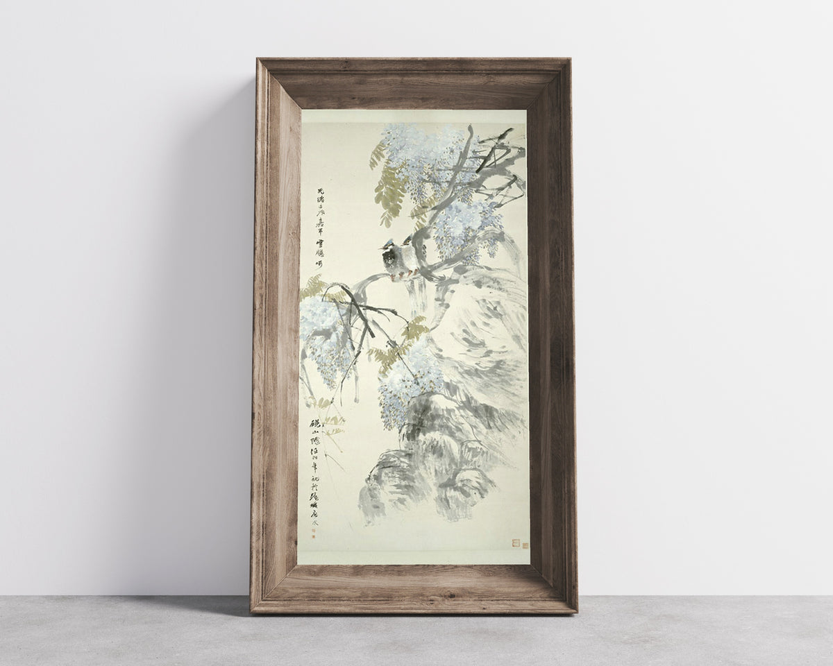 Paradise Flycatchers and Wisteria by Ren Yi — in a wide wooden frame leaning against a concrete wall