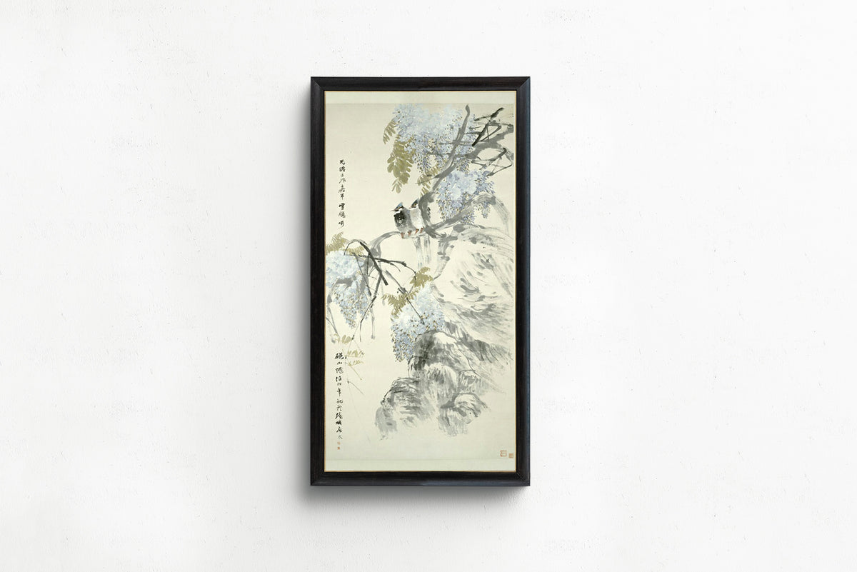 Paradise Flycatchers and Wisteria by Ren Yi — in a slim black frame on a plain white wall