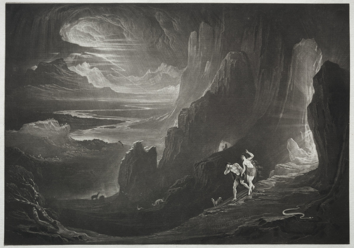 Paradise Lost: Adam and Eve Driven out of Paradise by John Martin — Adam and Eve flee down a rocky path out of a glowing cave