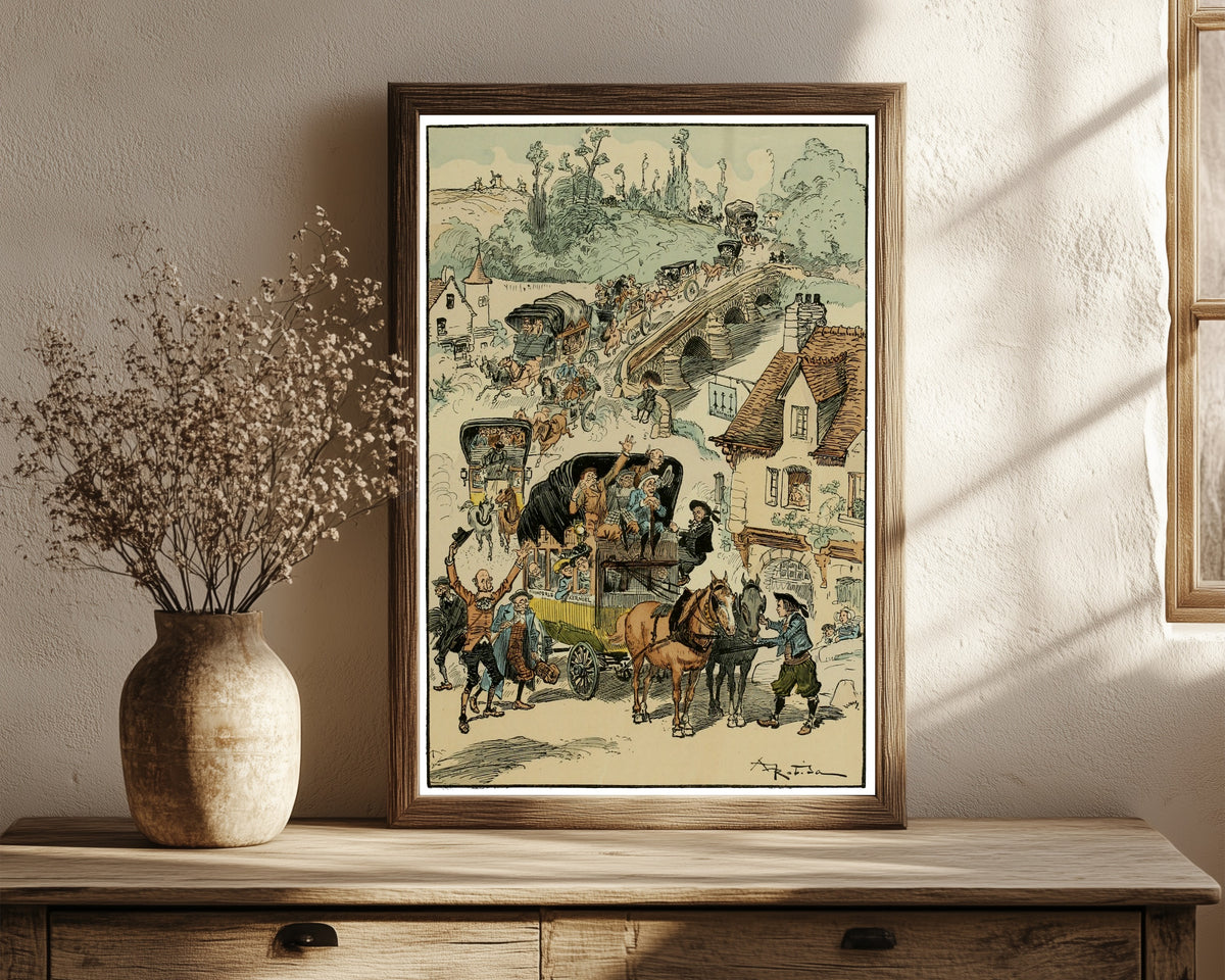 Framed art print of L’arrivée des énervés by Albert Robida, in a dark wood frame leaning on a rustic console beside dried flowers