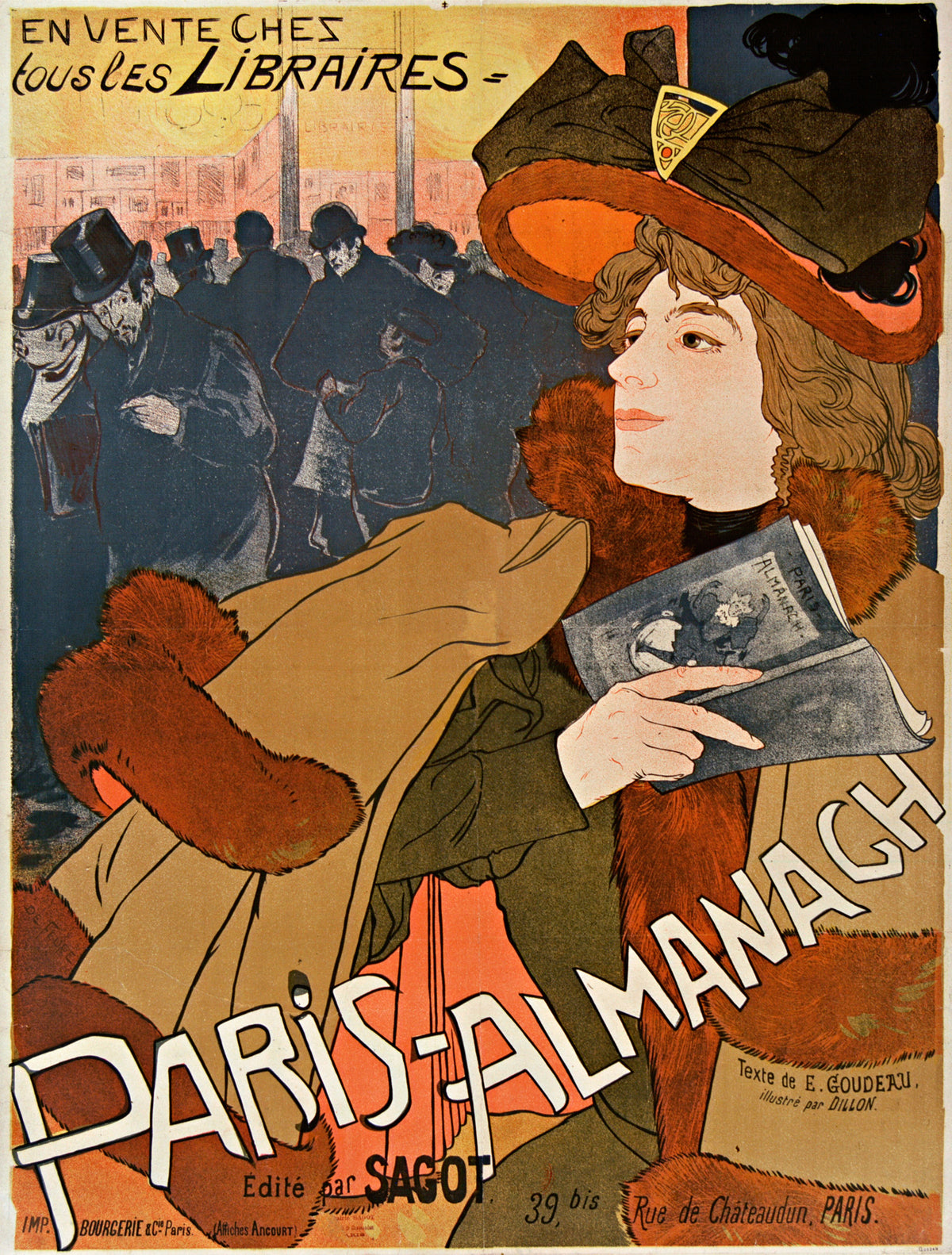 Paris-Almanach by Georges de Feure — A woman in a fur-trimmed hat holds an almanac before a bookshop crowd