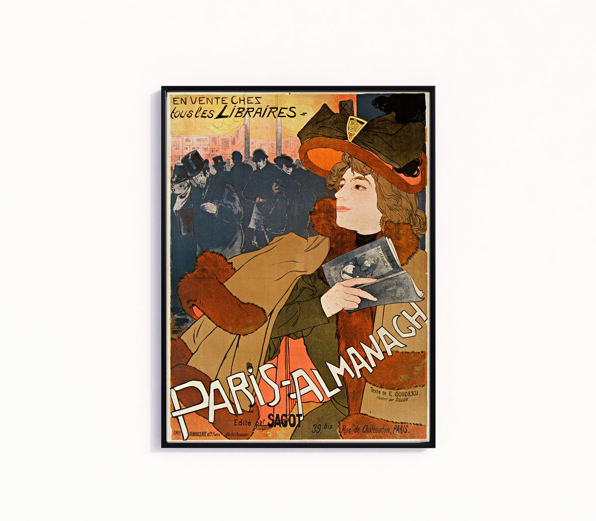 Framed art print of Paris-Almanach by Georges de Feure, in a slim black frame on a plain white wall