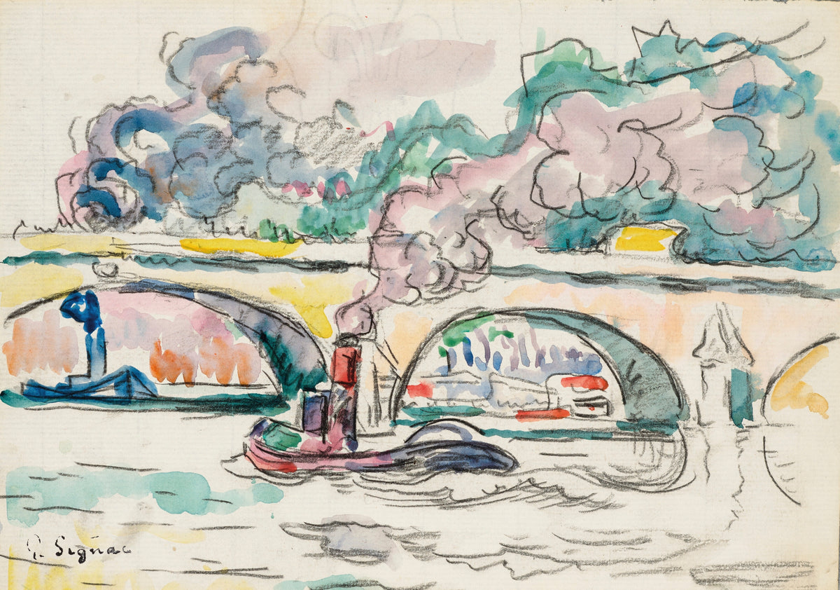 Paris, Le Pont-Royal by Paul Signac — A steam tug under the arches of a stone bridge, lilac smoke above
