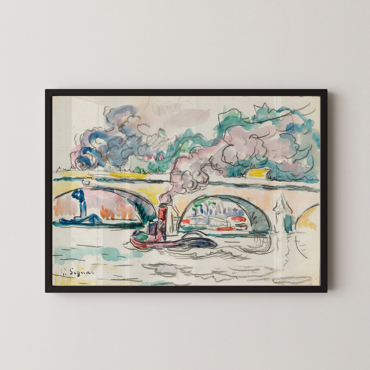 Framed art print of Paris, Le Pont-Royal by Paul Signac, in a black frame on a pale wall