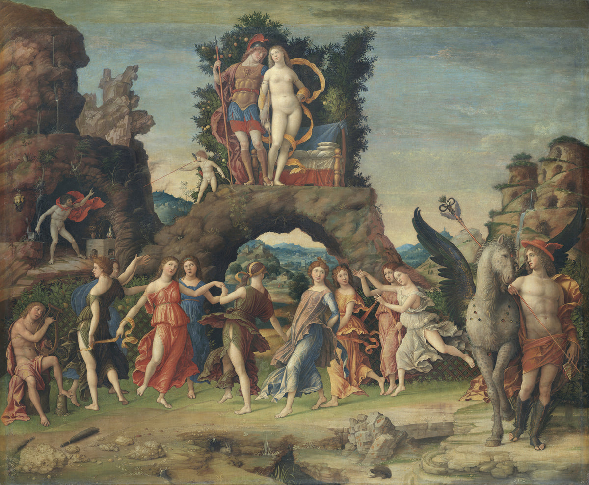 Parnassus by Andrea Mantegna — Women dance beneath a rock arch as a winged horse waits