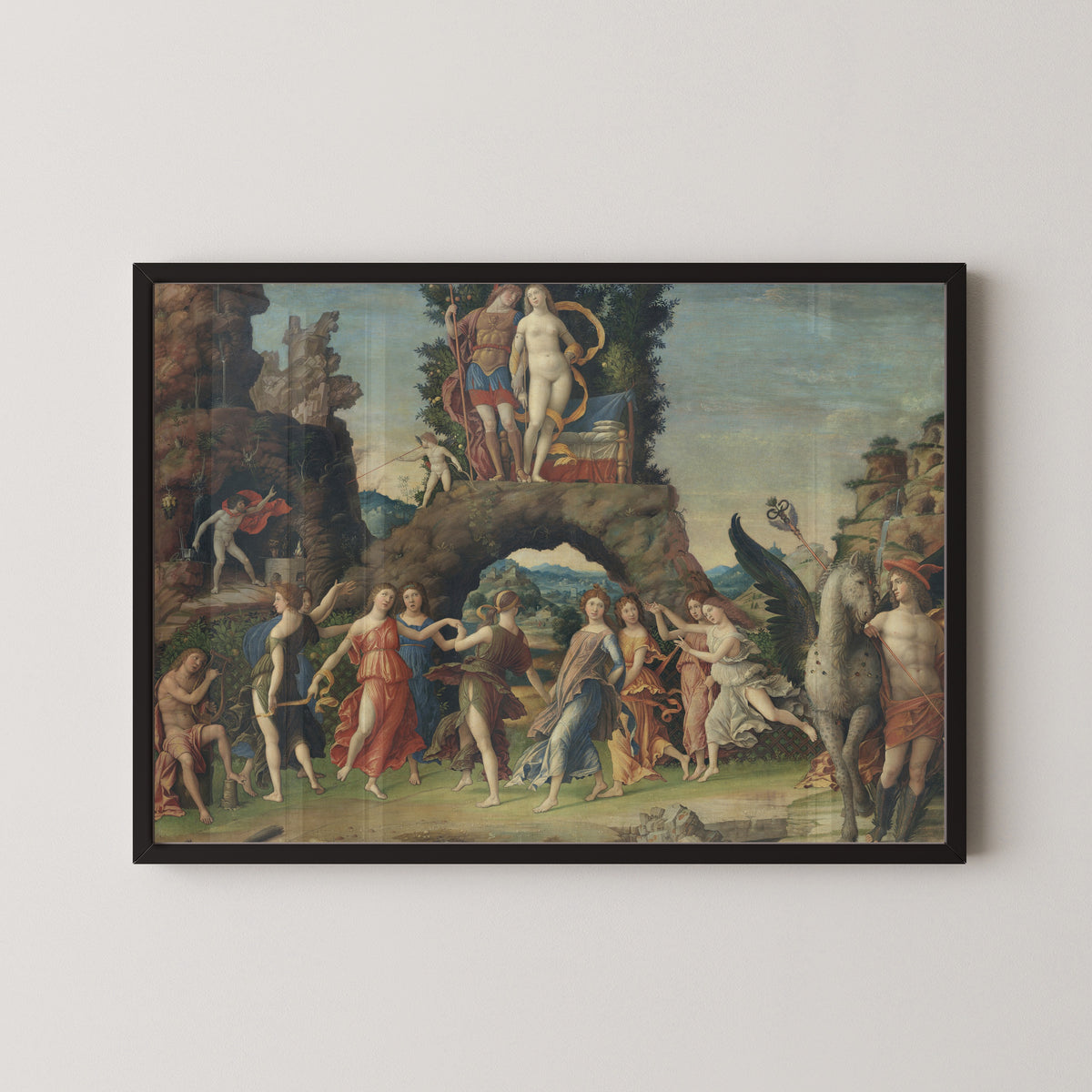 Framed art print of Parnassus by Andrea Mantegna, in a black frame on a pale wall