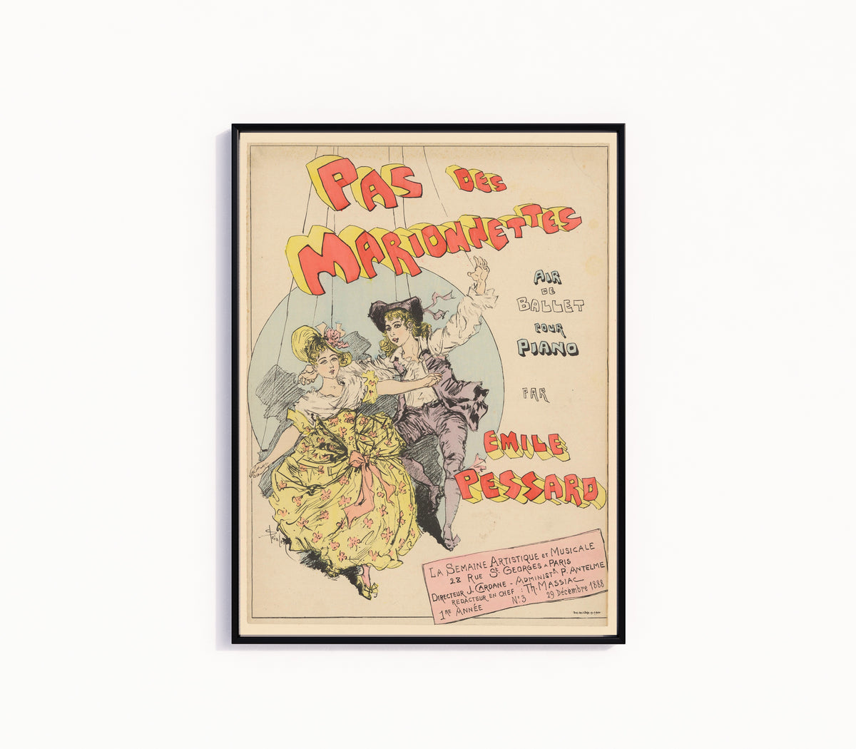 Framed art print of Pas des marionnettes, air de ballet pour piano par Émile Pessard by Théophile Steinlen, in a slim black frame on a plain white wall