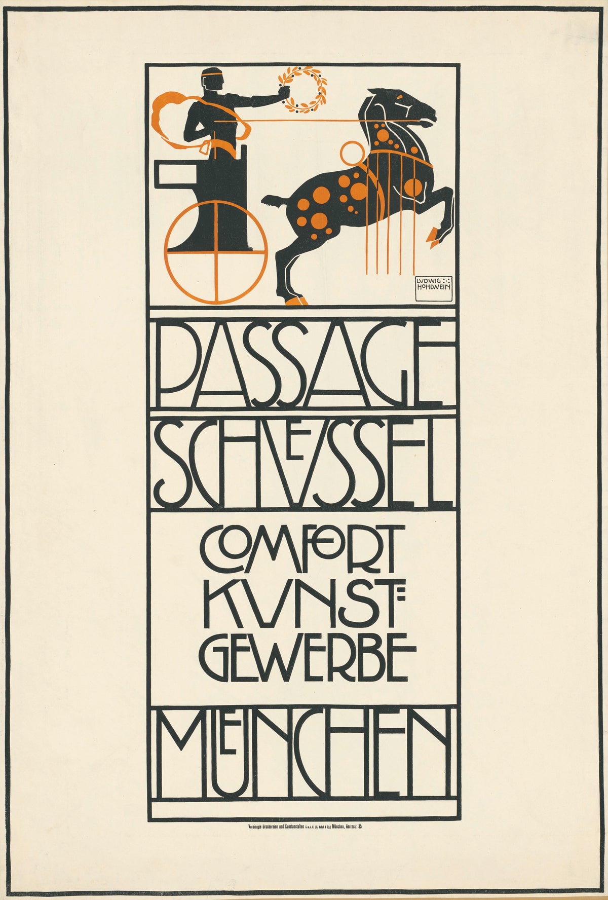 Passage Schüssel: Comfort Kunstgewerbe, München by Ludwig Hohlwein — A black charioteer raises a laurel wreath behind a spotted horse