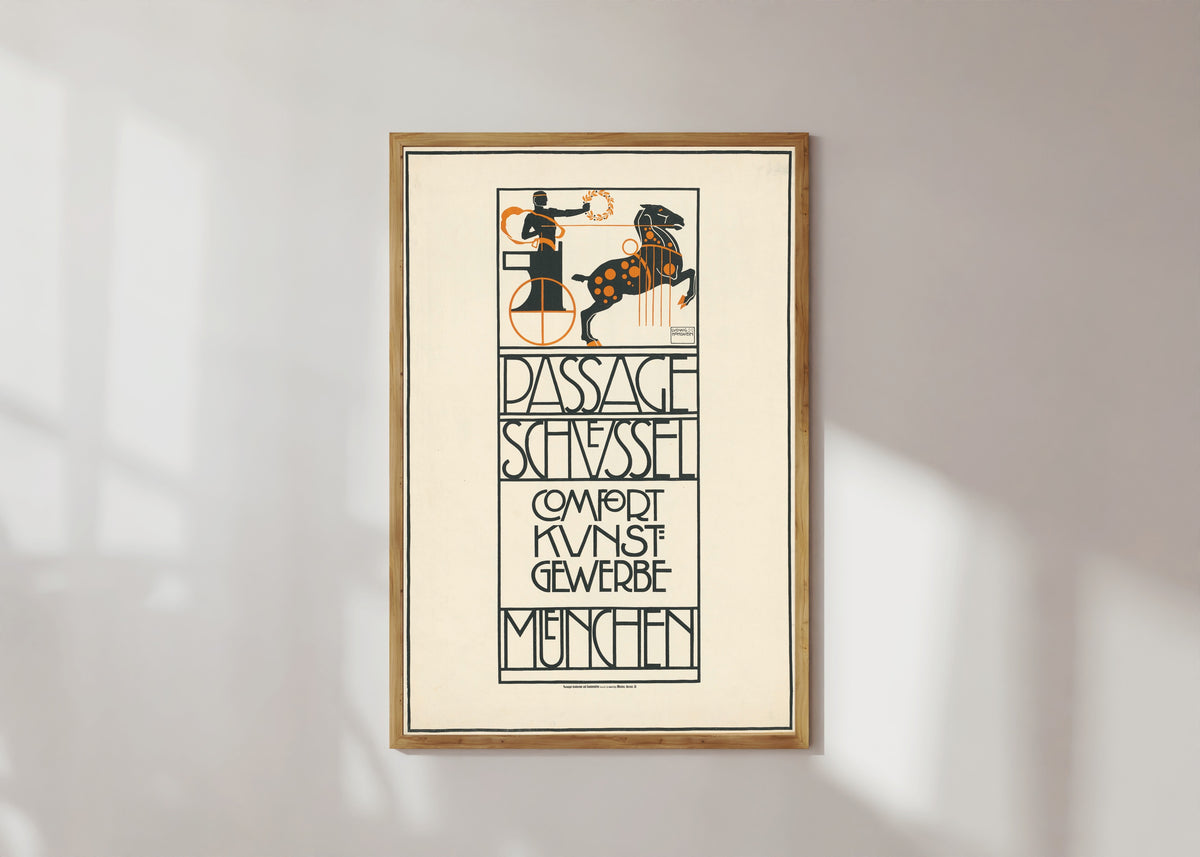 Framed art print of Passage Schüssel: Comfort Kunstgewerbe, München by Ludwig Hohlwein, in a light wood frame on a sunlit white wall