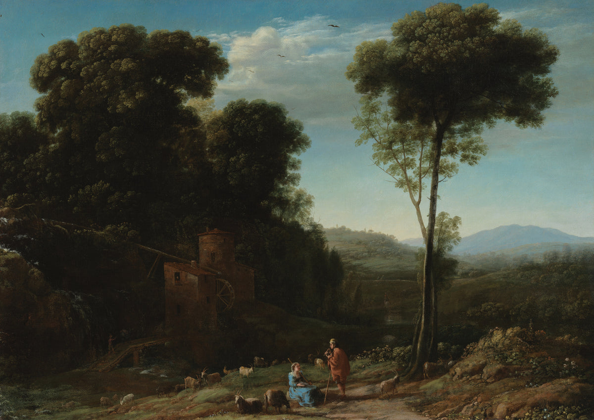 Pastoral Landscape with a Mill by Claude Lorrain — A piper and a seated woman among goats below a hillside mill