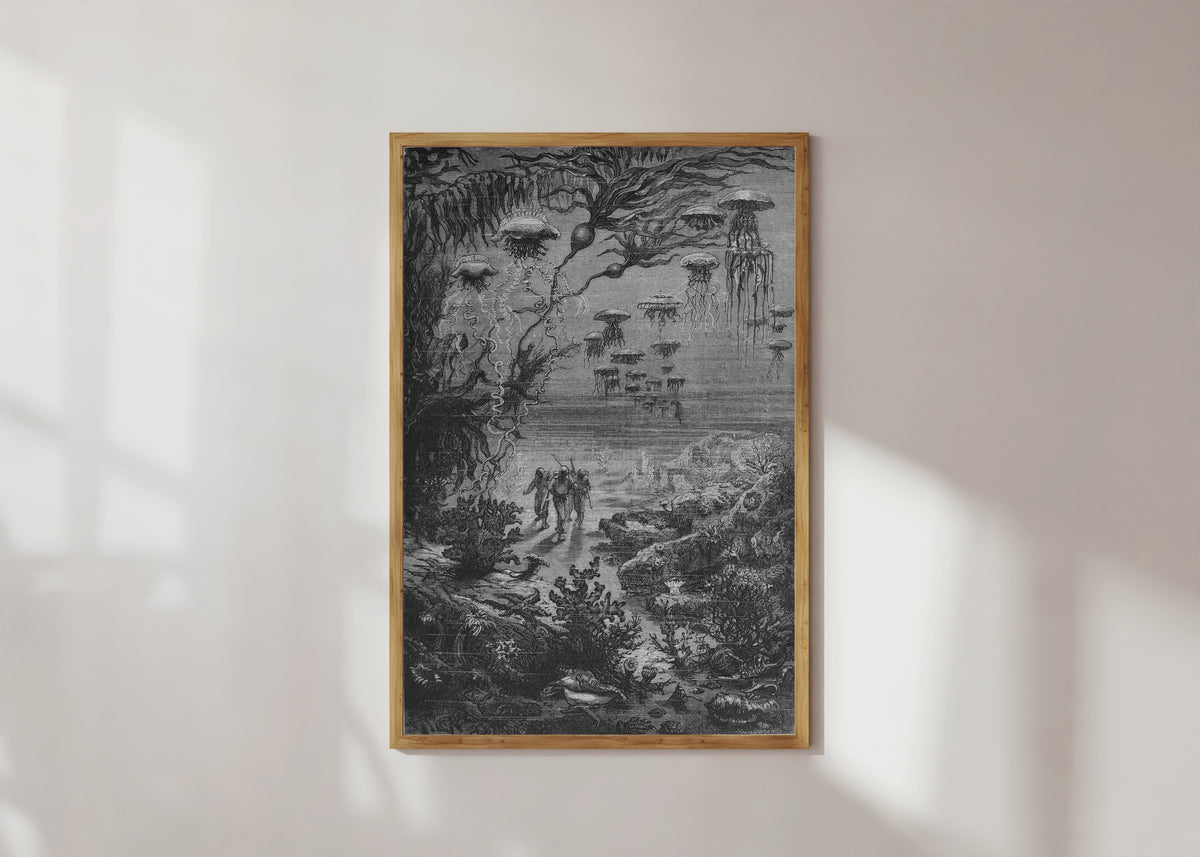 Framed art print of Paysage sous-marin de l'île Crespo (Underwater landscape of Crespo… by Alphonse de Neuville, in a light wood frame on a sunlit white wall