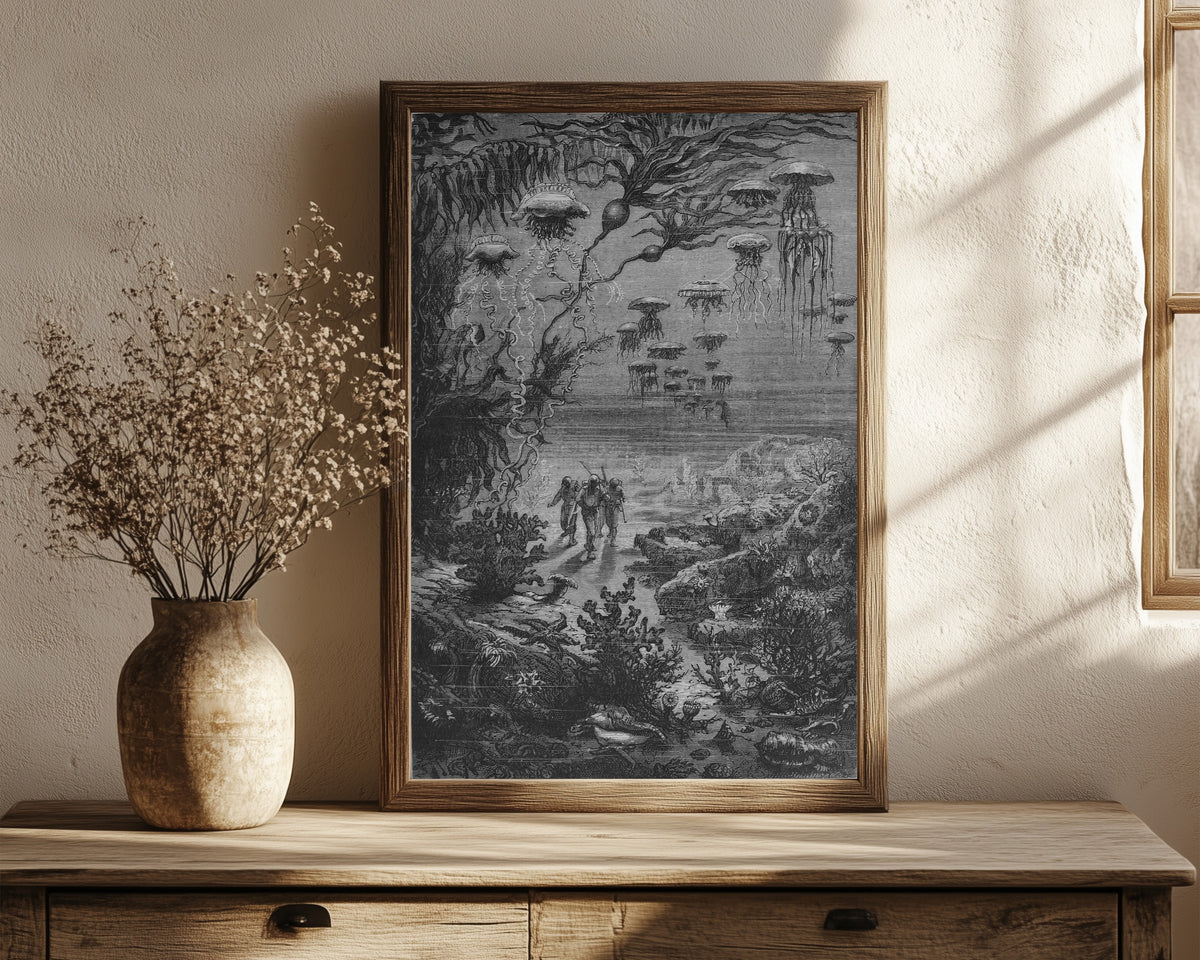 Framed art print of Paysage sous-marin de l'île Crespo… by Alphonse de Neuville, in a dark wood frame leaning on a rustic console beside dried flowers