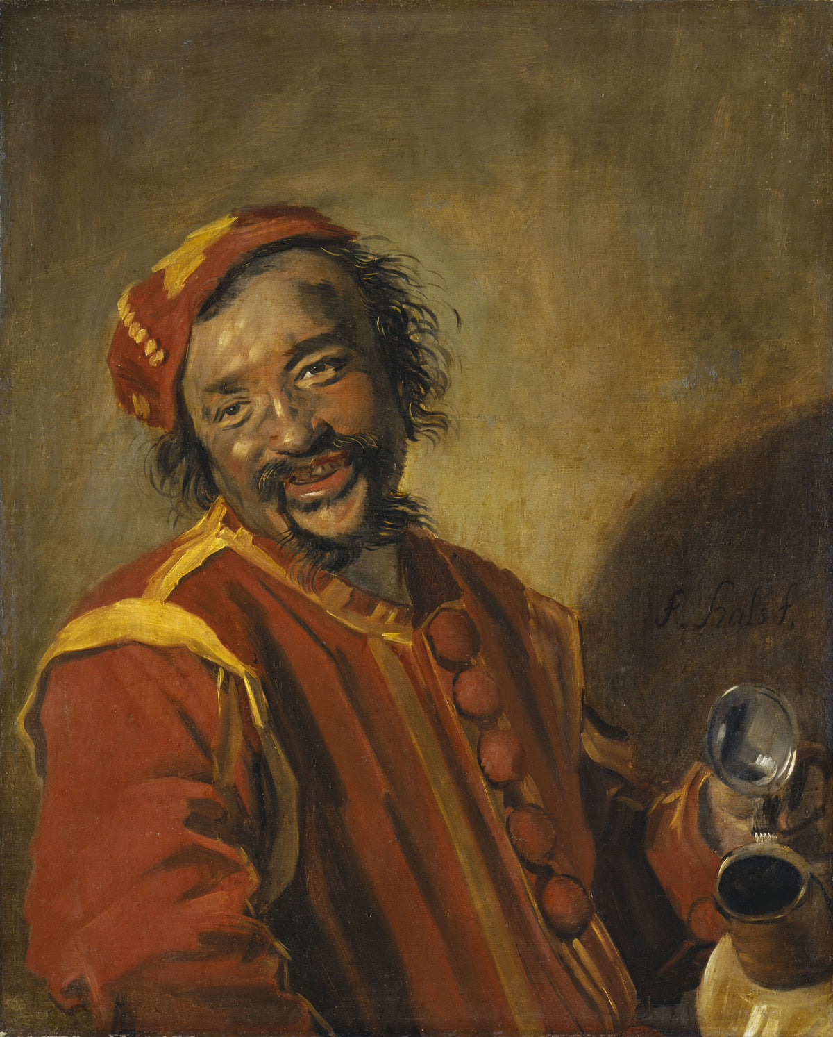 Peeckelhaering by Frans Hals — A grinning comic jester in red and yellow tips a lidded stoneware jug