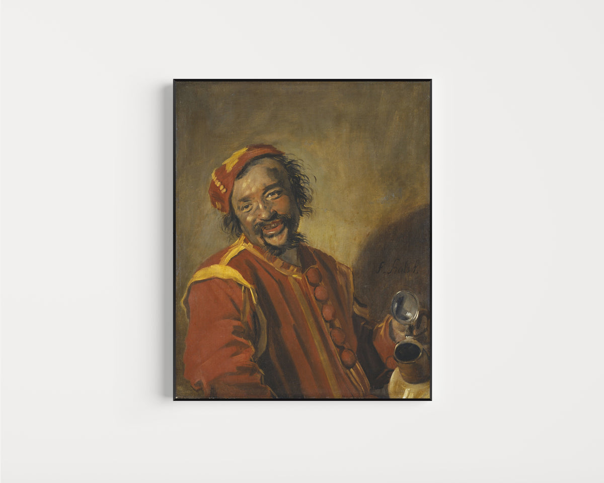 Framed art print of Peeckelhaering by Frans Hals, in a slim black frame on a plain white wall