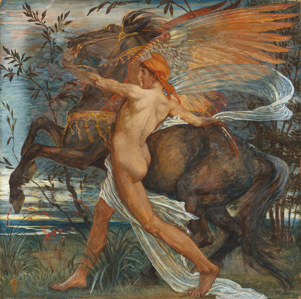 Pegasus by Walter Crane — A youth in an orange cap strides beside a rearing winged horse