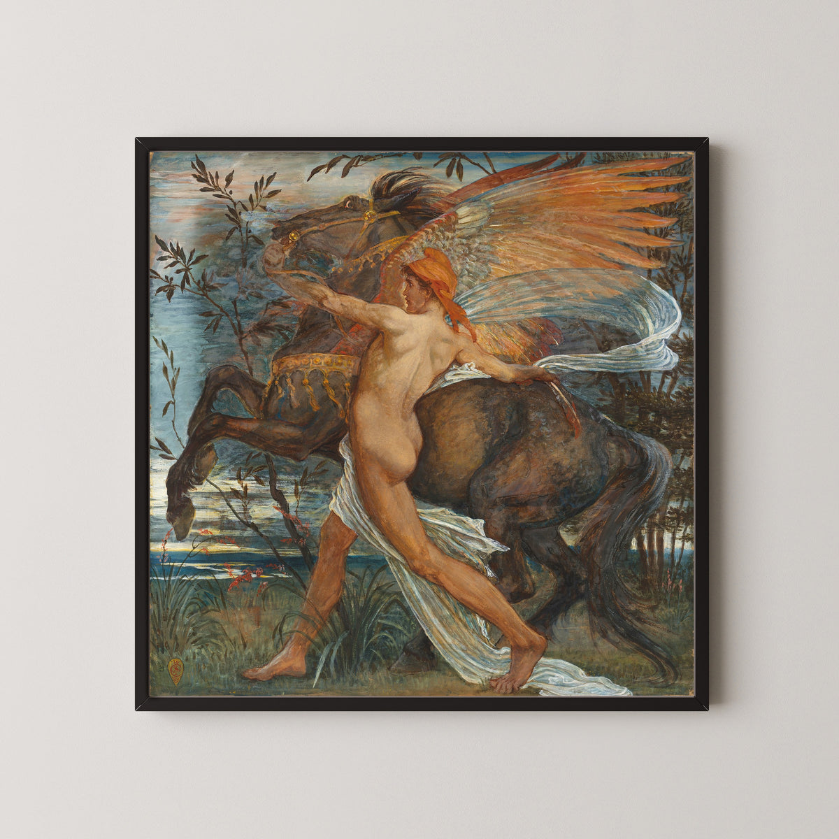 Framed art print of Pegasus by Walter Crane, in a black frame on a pale wall