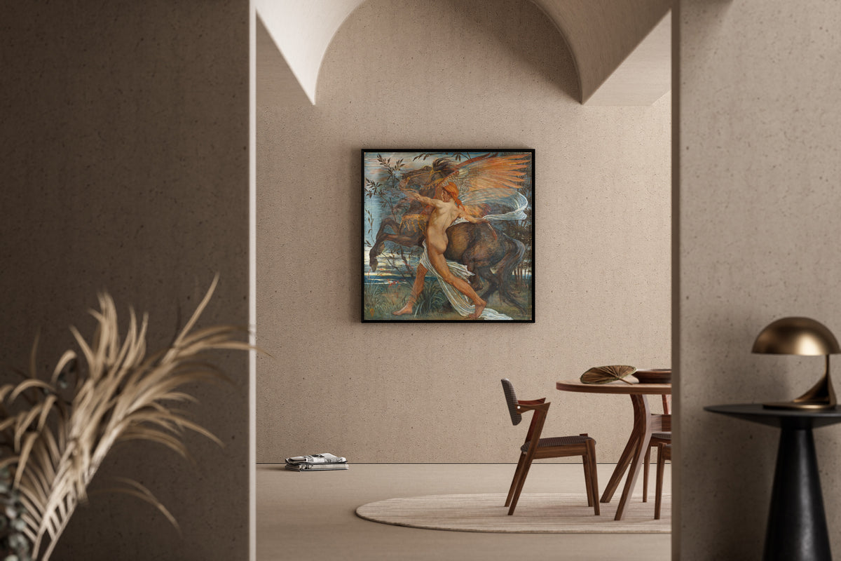 Framed art print of Pegasus by Walter Crane, in a sunlit dining corner