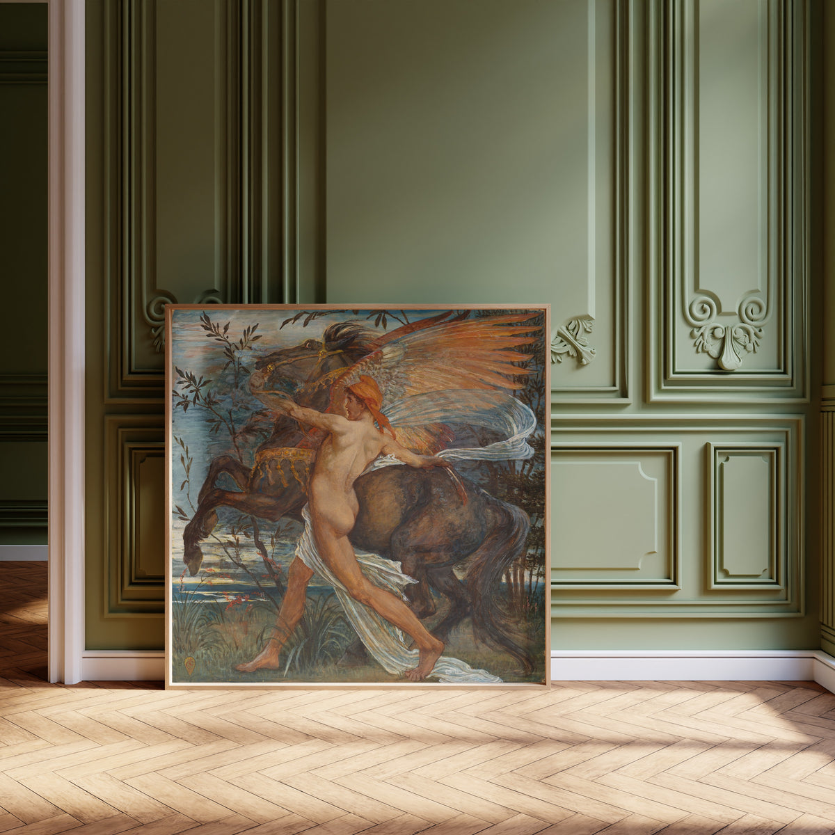Framed art print of Pegasus by Walter Crane, leaning against olive-green panelling on a herringbone floor