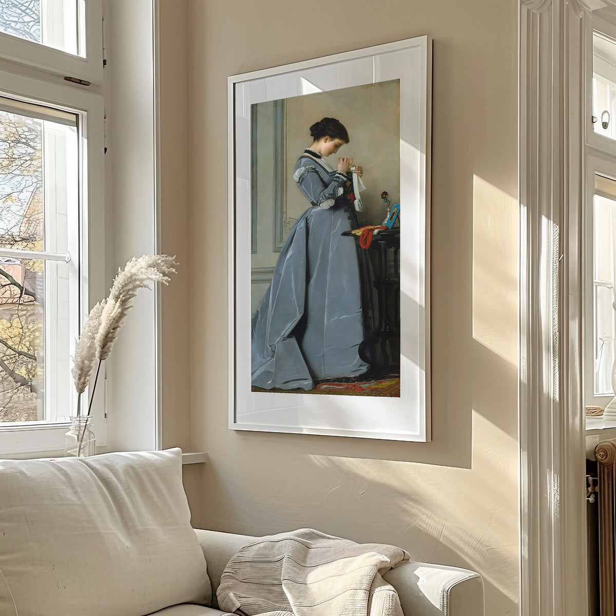 Penelope by Charles Francois Marchal — framed in a sunlit living room above a sofa