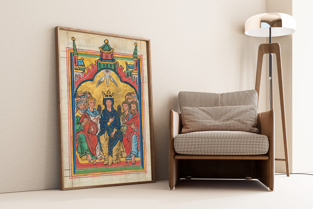 Framed art print of Pentecost (Crowned Virgin), leaning against a wall beside an armchair and a floor lamp