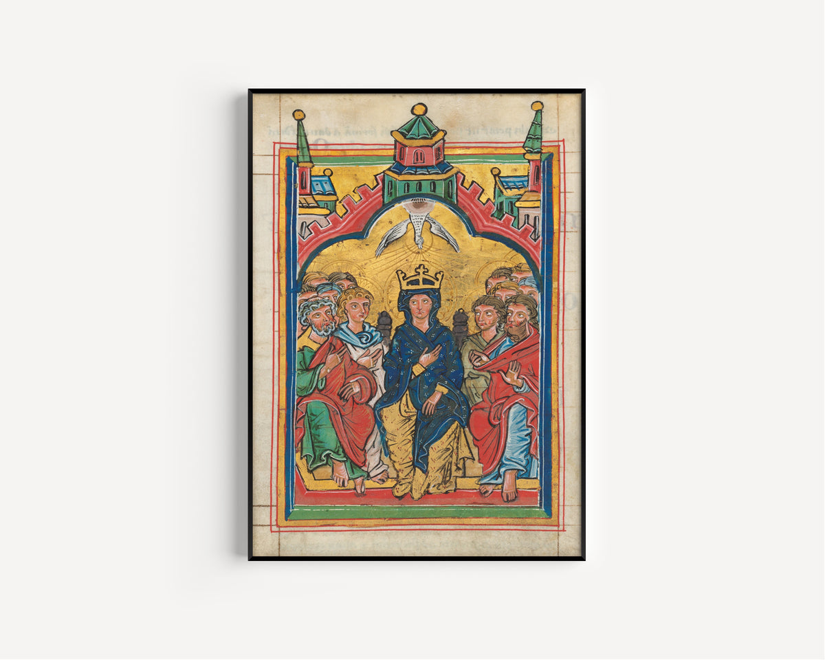 Framed art print of Pentecost (Crowned Virgin), in a slim black frame on a plain white wall