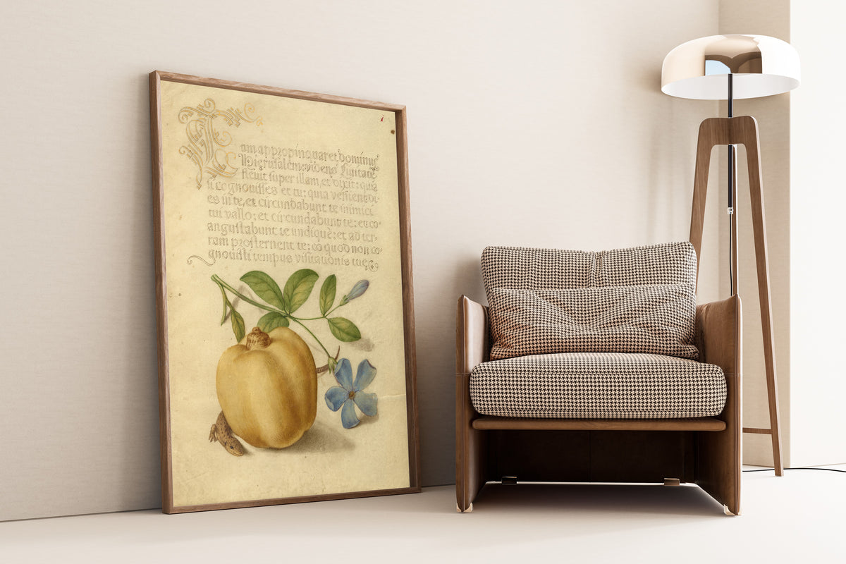 Joris Hoefnagel — Periwinkle, Apple, and Lizard | Botanical Calligraphy Print