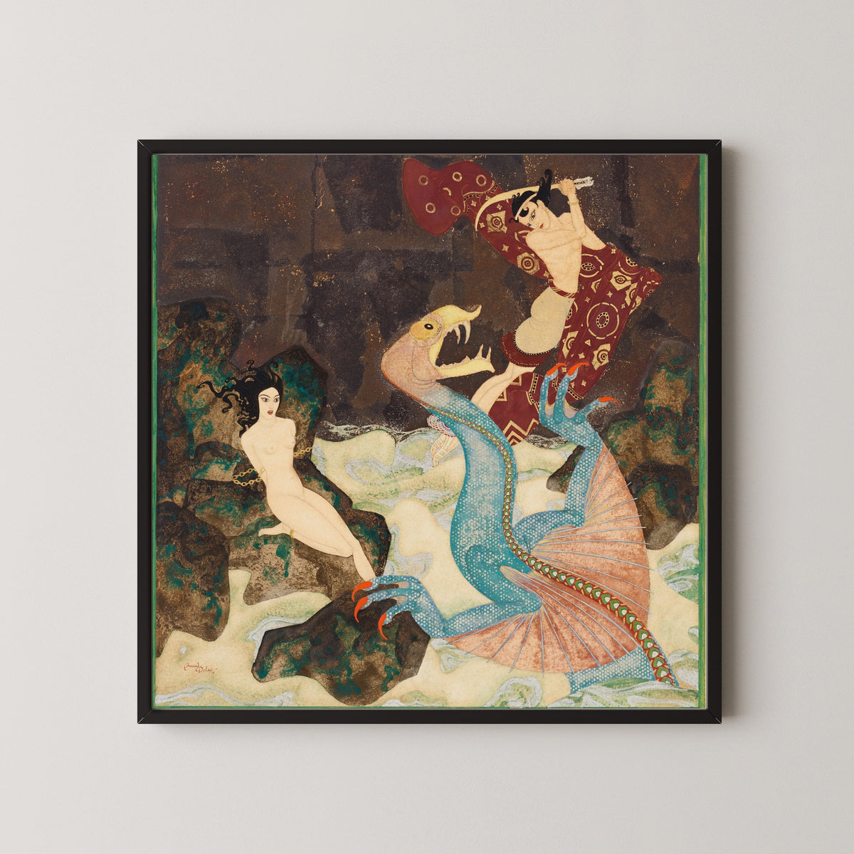 Framed art print of Perseus and Andromeda by Edmund Dulac, in a black frame on a pale wall