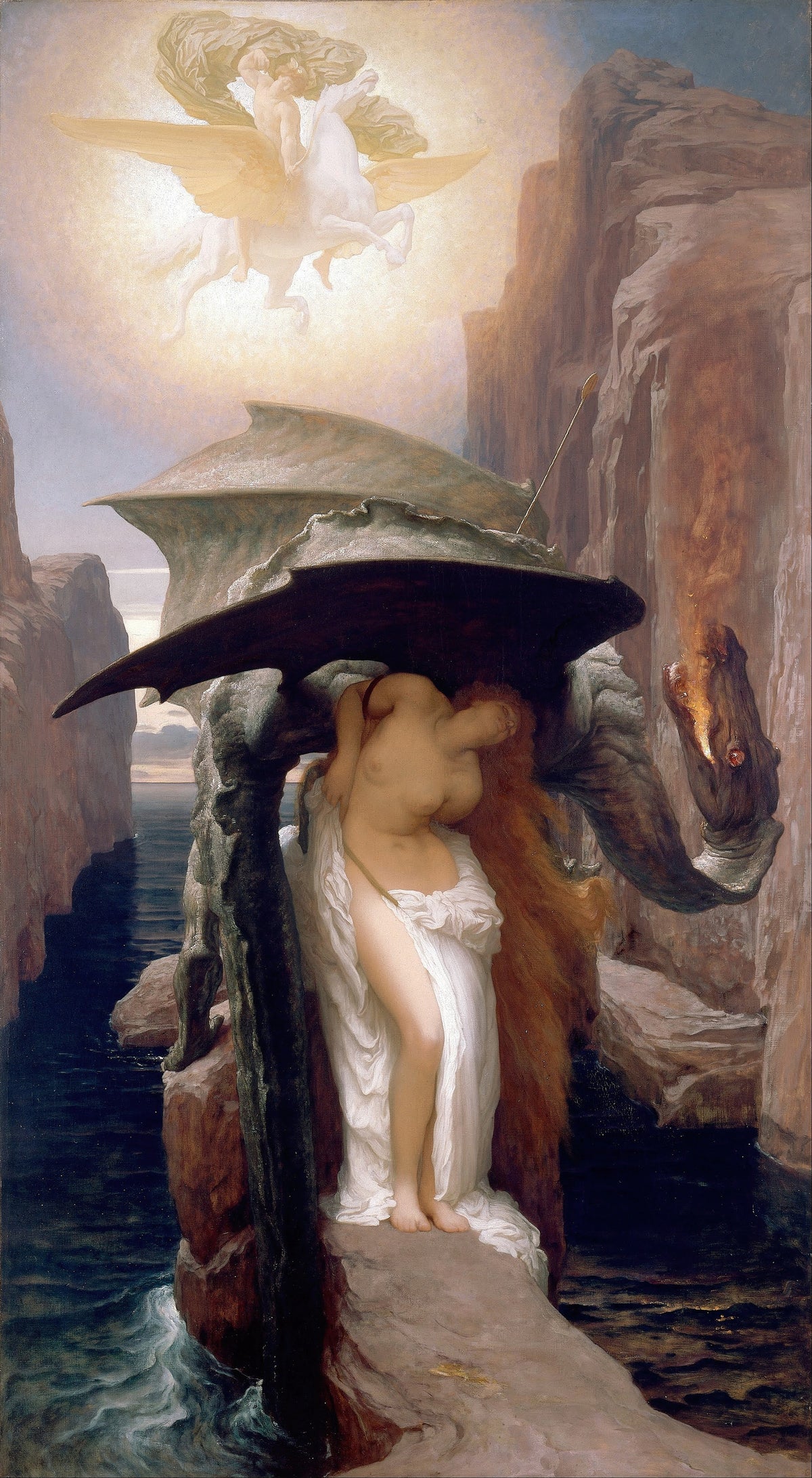 Perseus and Andromeda by Frederic Leighton — Perseus rides Pegasus down as the dragon arches over Andromeda