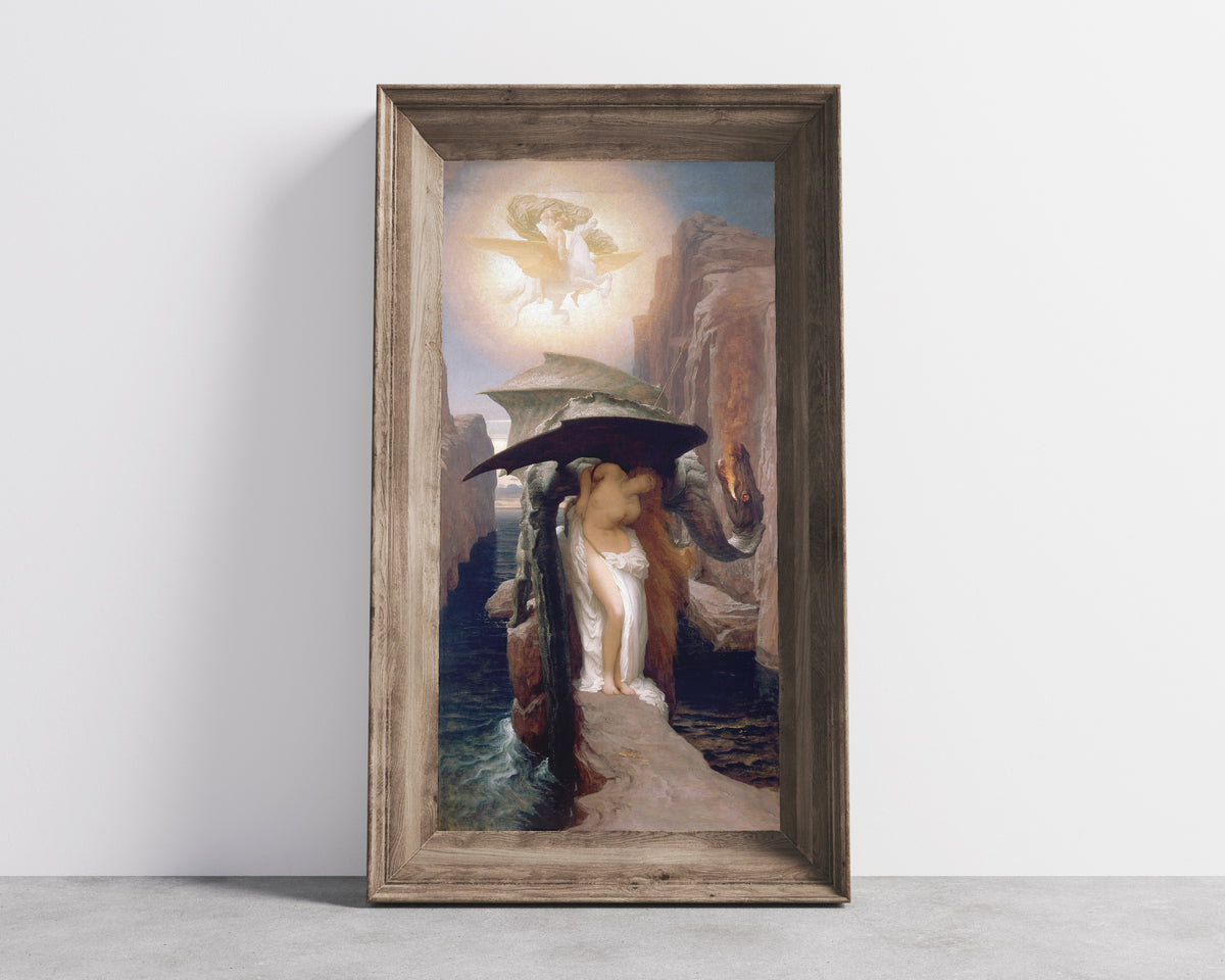 Framed art print of Perseus and Andromeda by Frederic Leighton, in a wide wooden frame leaning against a concrete wall