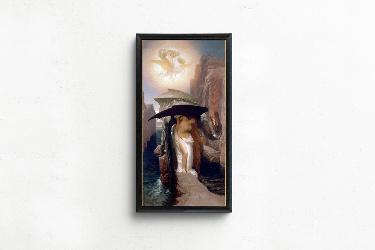 Framed art print of Perseus and Andromeda by Frederic Leighton, in a slim black frame on a plain white wall