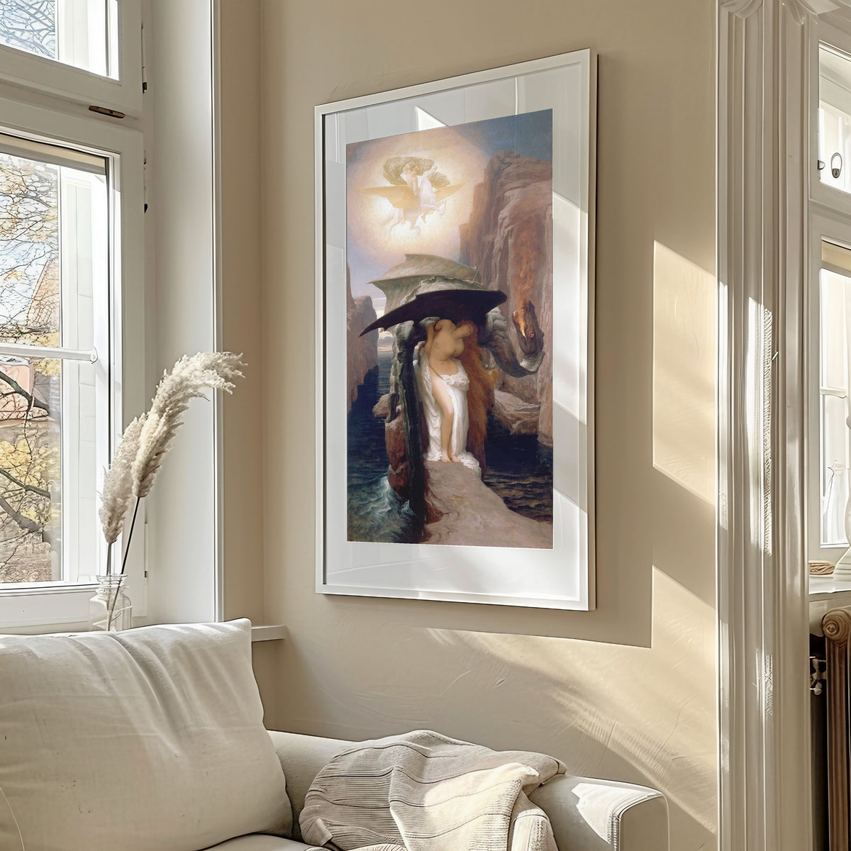 Framed art print of Perseus and Andromeda by Frederic Leighton, in a sunlit living room above a sofa